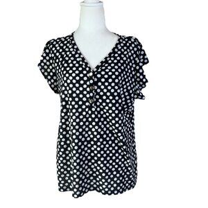 🖤Anne Klein  size L Black & White Polka Dot V-Neck Flutter Sleeve Top Preppy